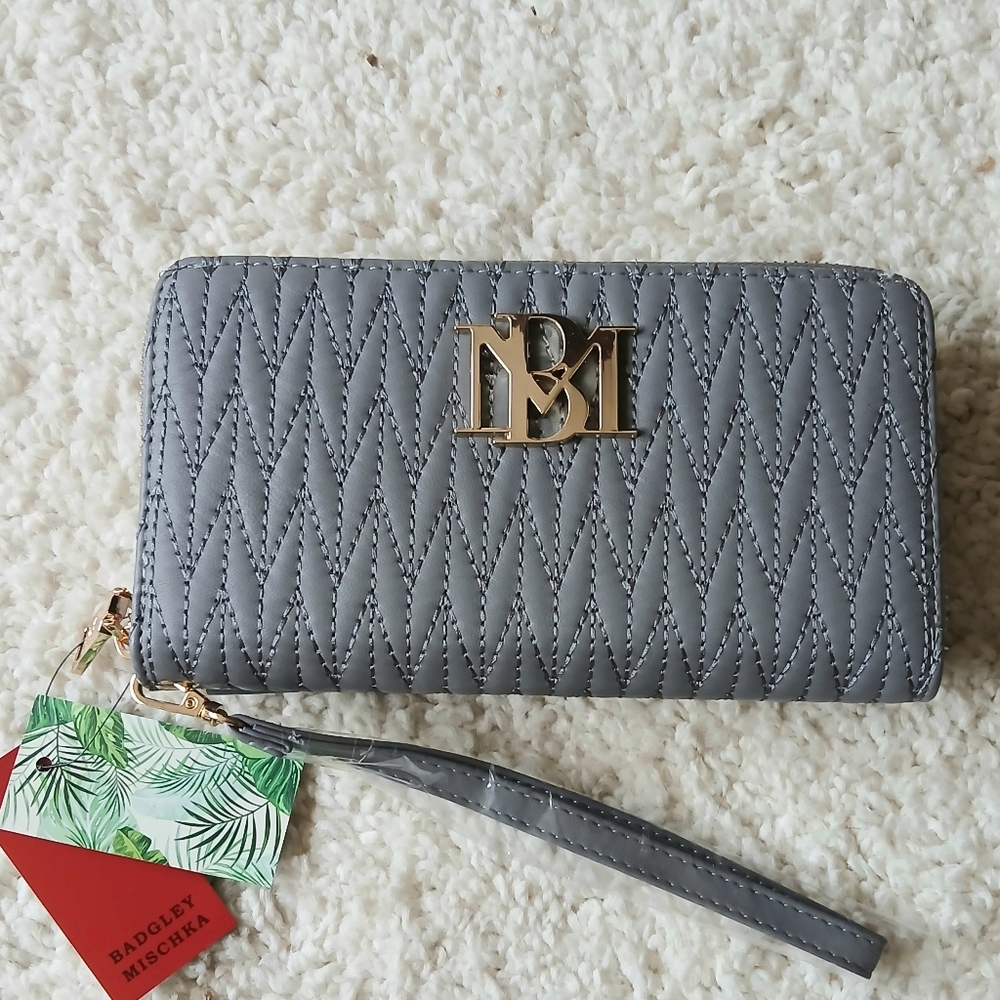Badgley Mischka Long Wallet Wristlet With Phone Pocket Grey